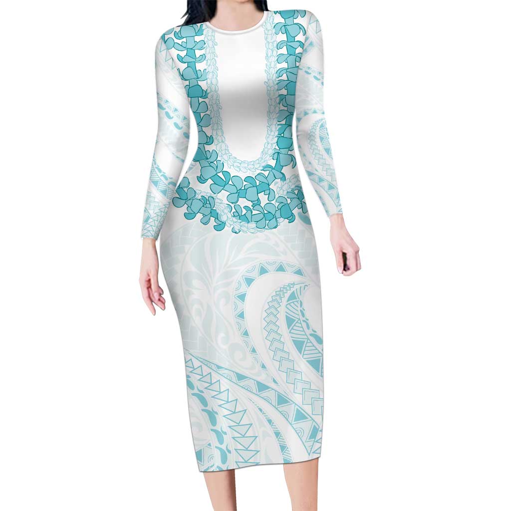 Aloha Lei Onaona Long Sleeve Bodycon Dress Teal Hawaiian Tribal Pattern LT9 Long Dress Teal - Polynesian Pride