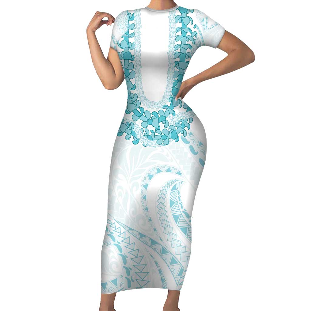 Aloha Lei Onaona Short Sleeve Bodycon Dress Teal Hawaiian Tribal Pattern LT9 Long Dress Teal - Polynesian Pride
