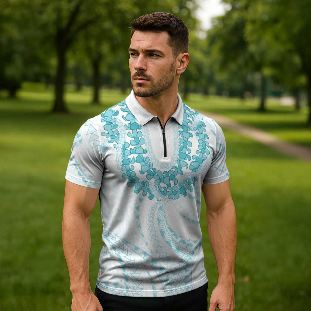 Aloha Lei Onaona Zipper Polo Shirt Teal Hawaiian Tribal Pattern LT9 - Polynesian Pride