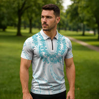 Aloha Lei Onaona Zipper Polo Shirt Teal Hawaiian Tribal Pattern LT9 - Polynesian Pride