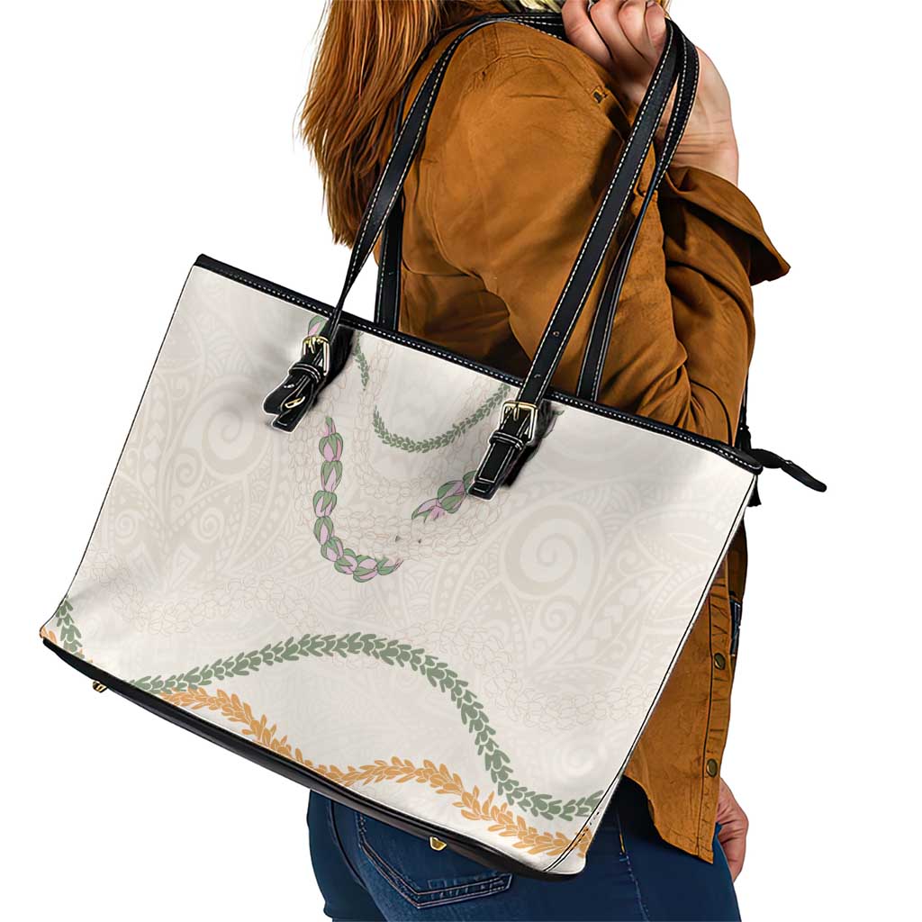 Aloha Lei Mikioi Leather Tote Bag Beige Polynesian Tribal Tatau Pattern LT9 - Polynesian Pride