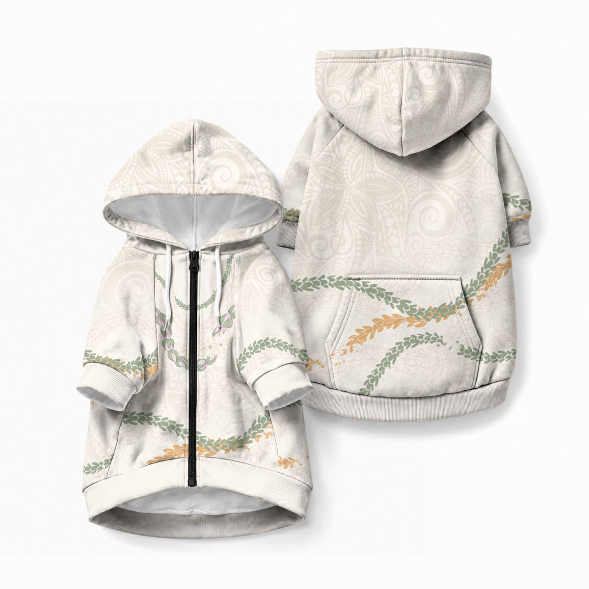 Aloha Lei Mikioi Pet Hoodie Beige Polynesian Tribal Tatau Pattern LT9 Zip-up Beige - Polynesian Pride