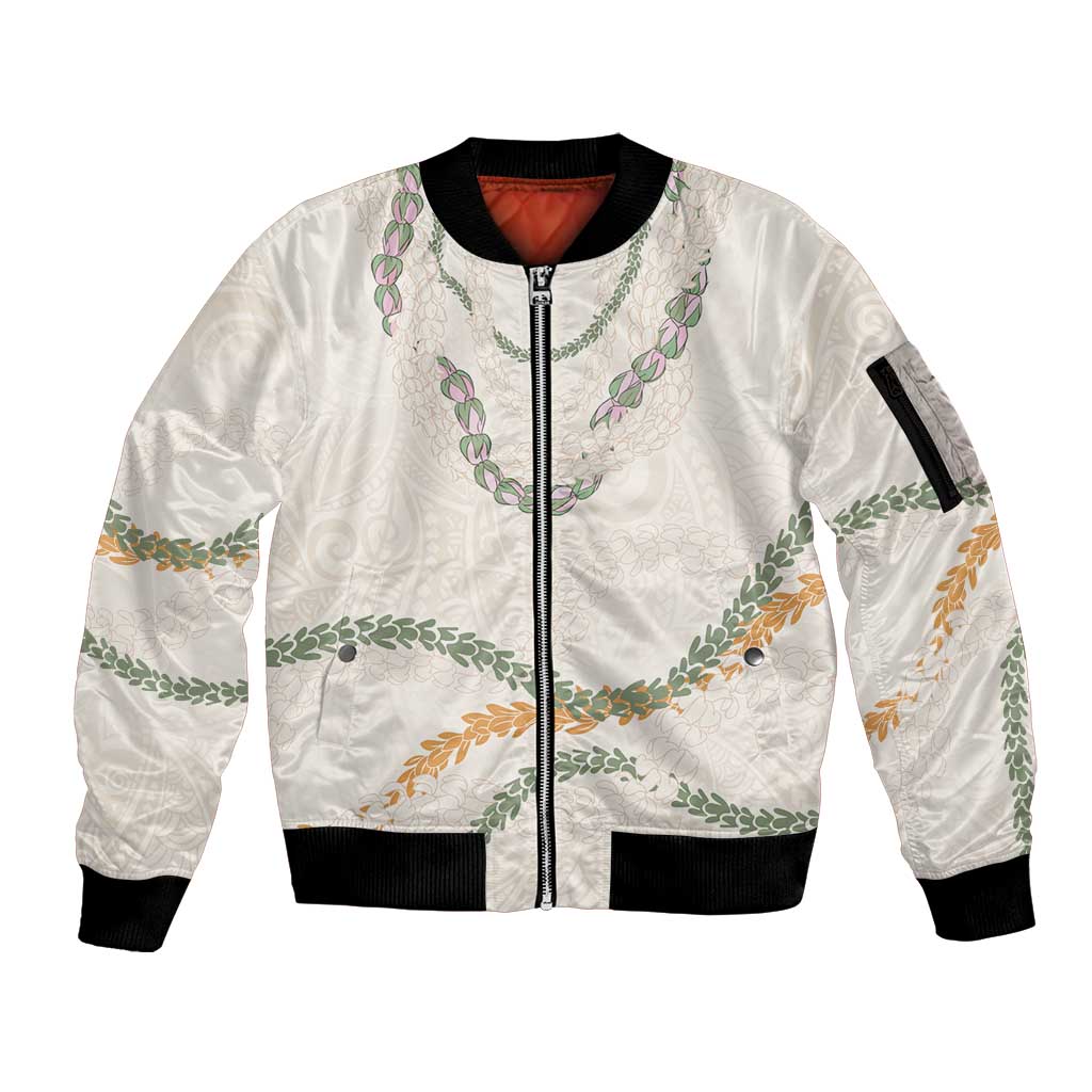 Aloha Lei Mikioi Sleeve Zip Bomber Jacket Beige Polynesian Tribal Tatau Pattern LT9 Unisex Beige - Polynesian Pride