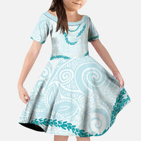 Aloha Lei Mikioi Kid Short Sleeve Dress Teal Polynesian Tribal Tatau Pattern LT9 KID Teal - Polynesian Pride