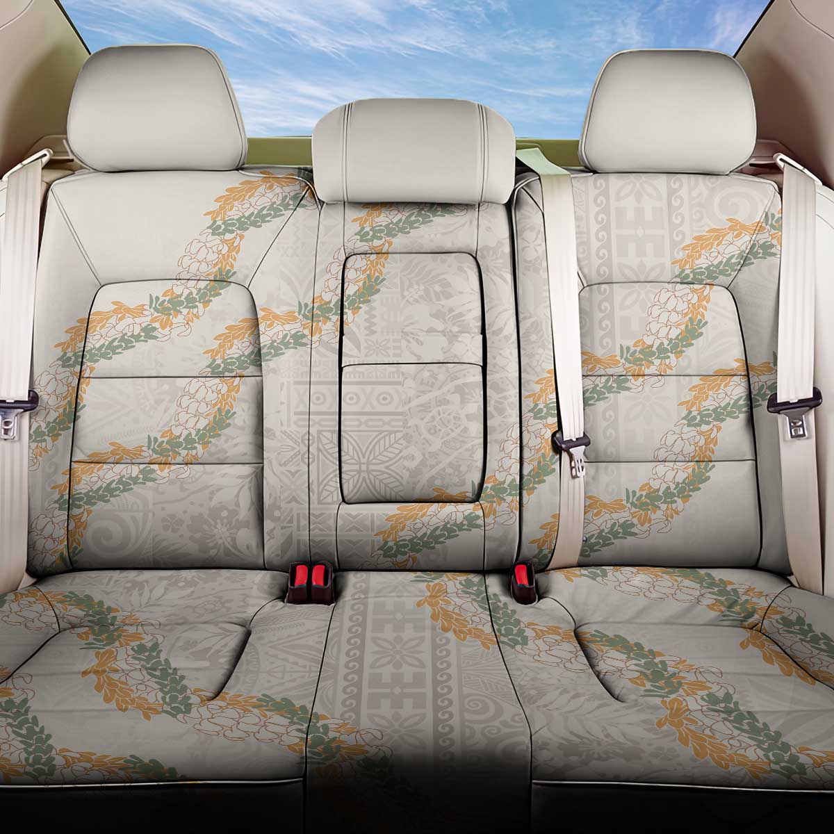 Aloha Pakalana and Puakenikeni Lei Back Car Seat Cover Beige Hawaiian Pattern LT9 One Size Beige - Polynesian Pride