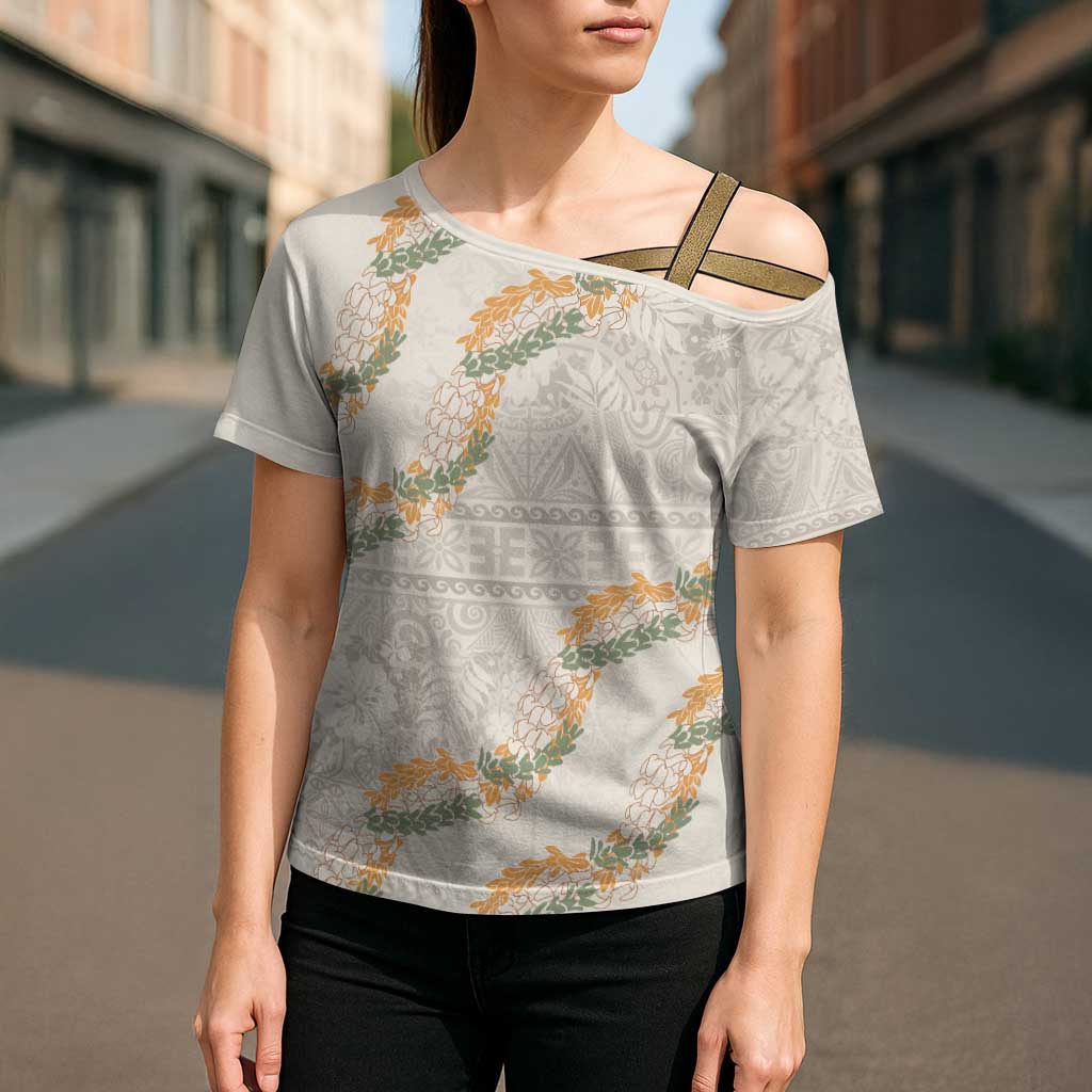 Aloha Pakalana and Puakenikeni Lei Cross Shoulder Shirt Beige Hawaiian Pattern LT9 - Polynesian Pride