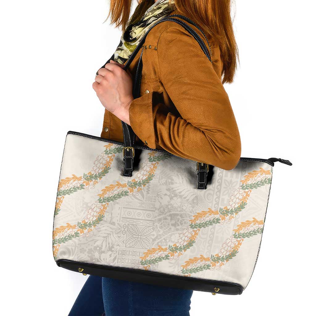 Aloha Pakalana and Puakenikeni Lei Leather Tote Bag Beige Hawaiian Pattern LT9 Beige - Polynesian Pride