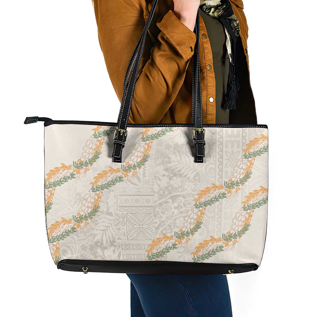 Aloha Pakalana and Puakenikeni Lei Leather Tote Bag Beige Hawaiian Pattern LT9 - Polynesian Pride