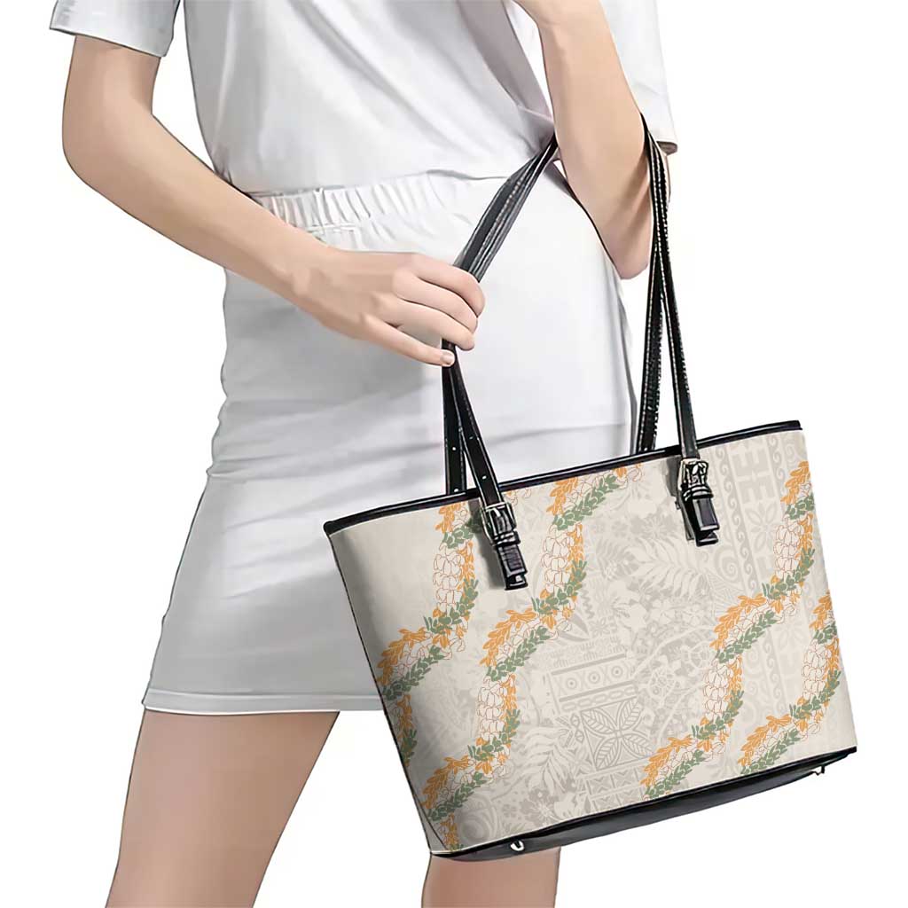 Aloha Pakalana and Puakenikeni Lei Leather Tote Bag Beige Hawaiian Pattern LT9 - Polynesian Pride