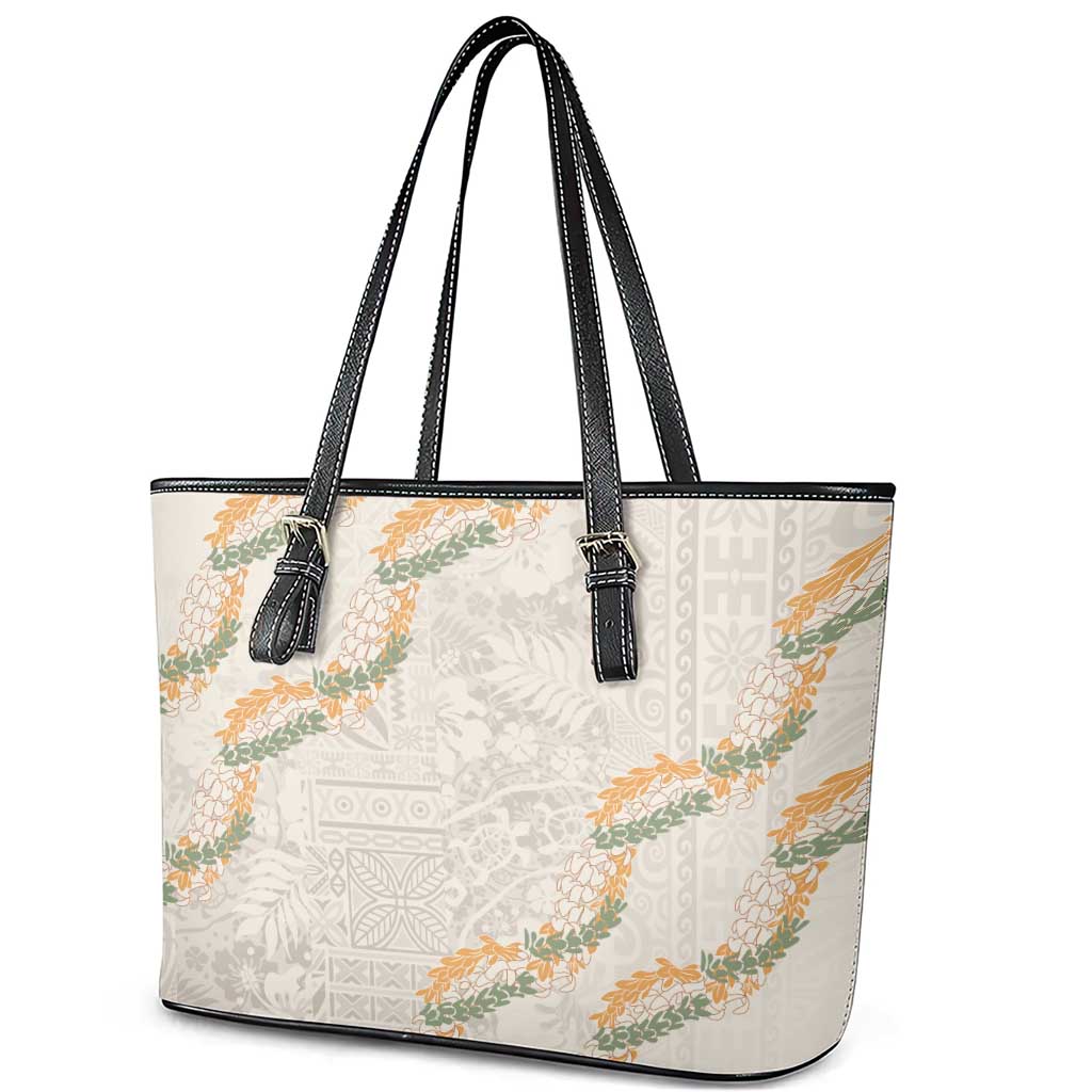 Aloha Pakalana and Puakenikeni Lei Leather Tote Bag Beige Hawaiian Pattern LT9 - Polynesian Pride
