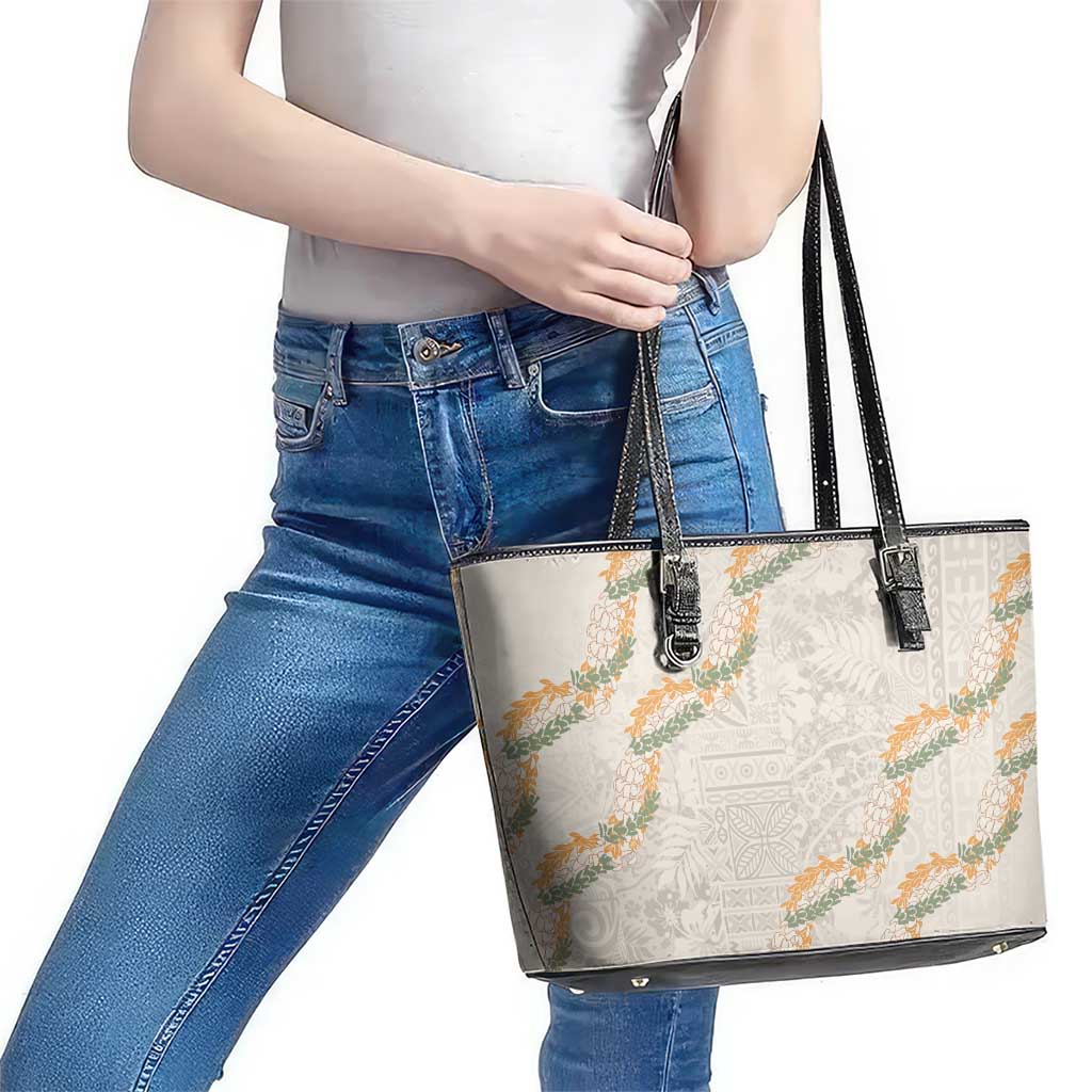 Aloha Pakalana and Puakenikeni Lei Leather Tote Bag Beige Hawaiian Pattern LT9 - Polynesian Pride