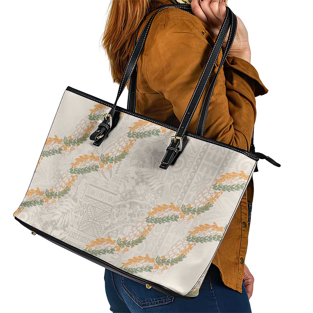 Aloha Pakalana and Puakenikeni Lei Leather Tote Bag Beige Hawaiian Pattern LT9 - Polynesian Pride