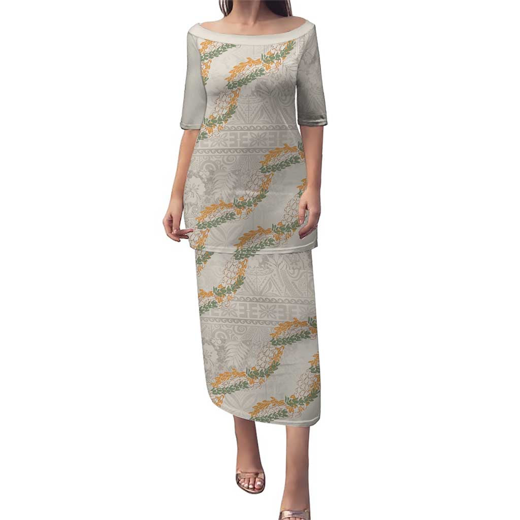Aloha Pakalana and Puakenikeni Lei Puletasi Beige Hawaiian Pattern LT9 Long Dress Beige - Polynesian Pride