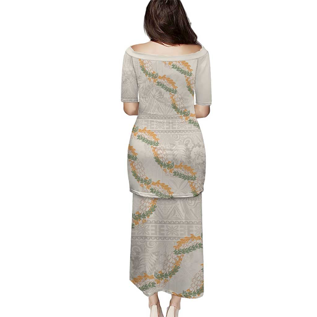Aloha Pakalana and Puakenikeni Lei Puletasi Beige Hawaiian Pattern LT9 - Polynesian Pride