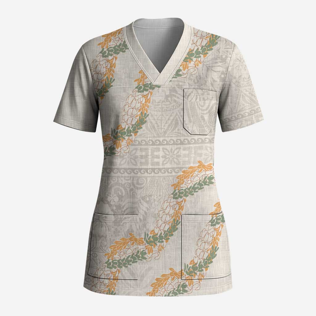 Aloha Pakalana and Puakenikeni Lei Scrub Top Beige Hawaiian Pattern LT9 Adult Beige - Polynesian Pride