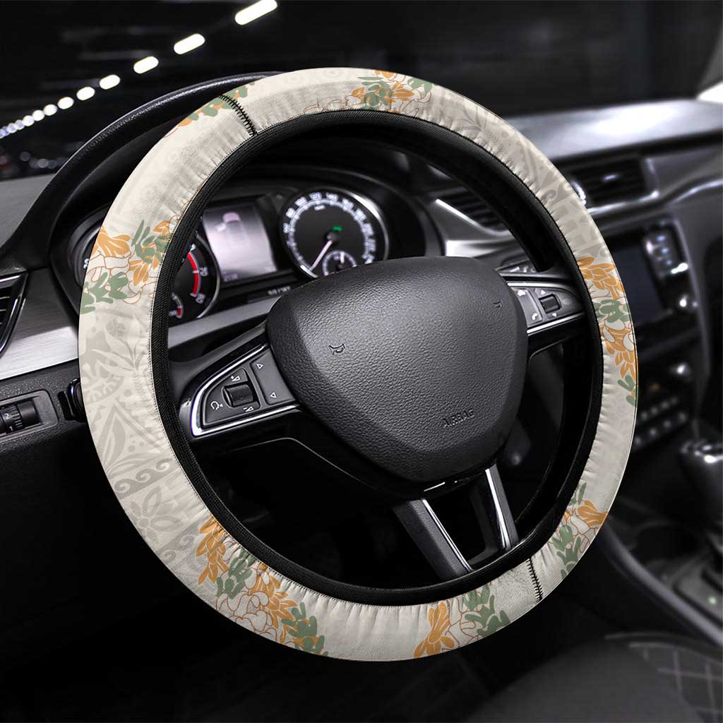 Aloha Pakalana and Puakenikeni Lei Steering Wheel Cover Beige Hawaiian Pattern LT9 Universal Fit Beige - Polynesian Pride