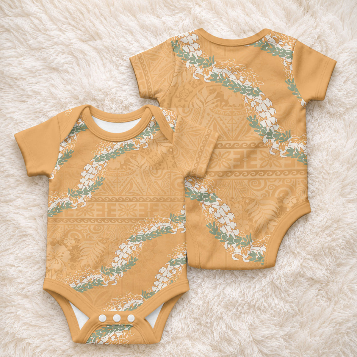 Aloha Pakalana and Puakenikeni Lei Baby Onesie Gold Hawaiian Pattern LT9 - Polynesian Pride
