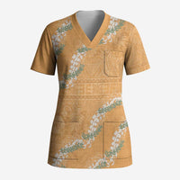 Aloha Pakalana and Puakenikeni Lei Scrub Top Gold Hawaiian Pattern LT9 Adult Gold - Polynesian Pride