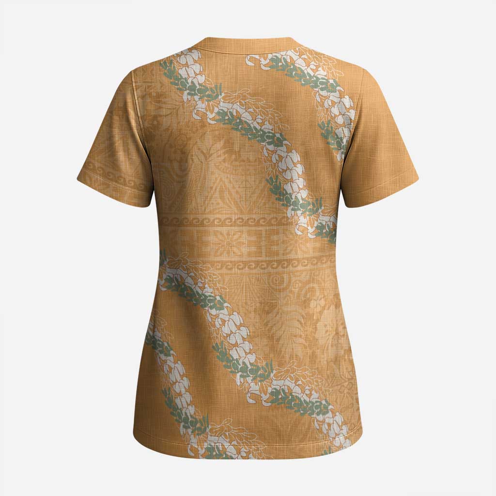 Aloha Pakalana and Puakenikeni Lei Scrub Top Gold Hawaiian Pattern LT9 - Polynesian Pride