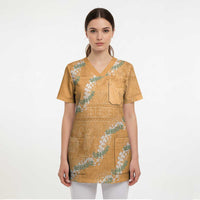 Aloha Pakalana and Puakenikeni Lei Scrub Top Gold Hawaiian Pattern LT9 - Polynesian Pride