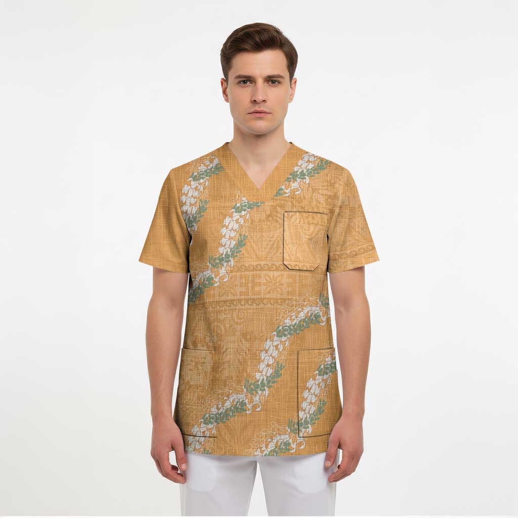 Aloha Pakalana and Puakenikeni Lei Scrub Top Gold Hawaiian Pattern LT9 - Polynesian Pride