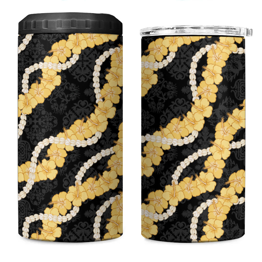 Aloha Melemele Hibiscus Pikake Lei 4 in 1 Can Cooler Tumbler Hawaiian Quilt Pattern LT9 One Size: 16 oz Black - Polynesian Pride