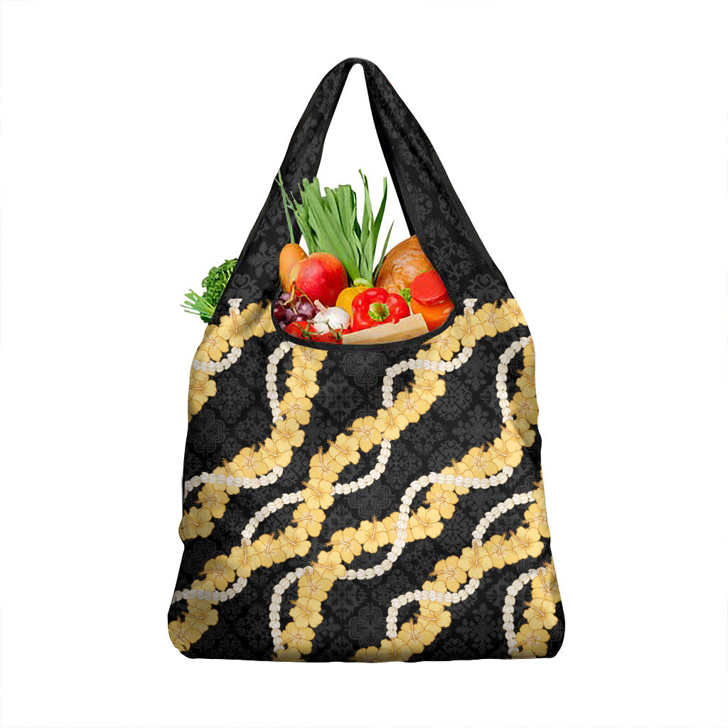 Aloha Melemele Hibiscus Pikake Lei Grocery Bag Hawaiian Quilt Pattern LT9 1-pack One Size Black - Polynesian Pride