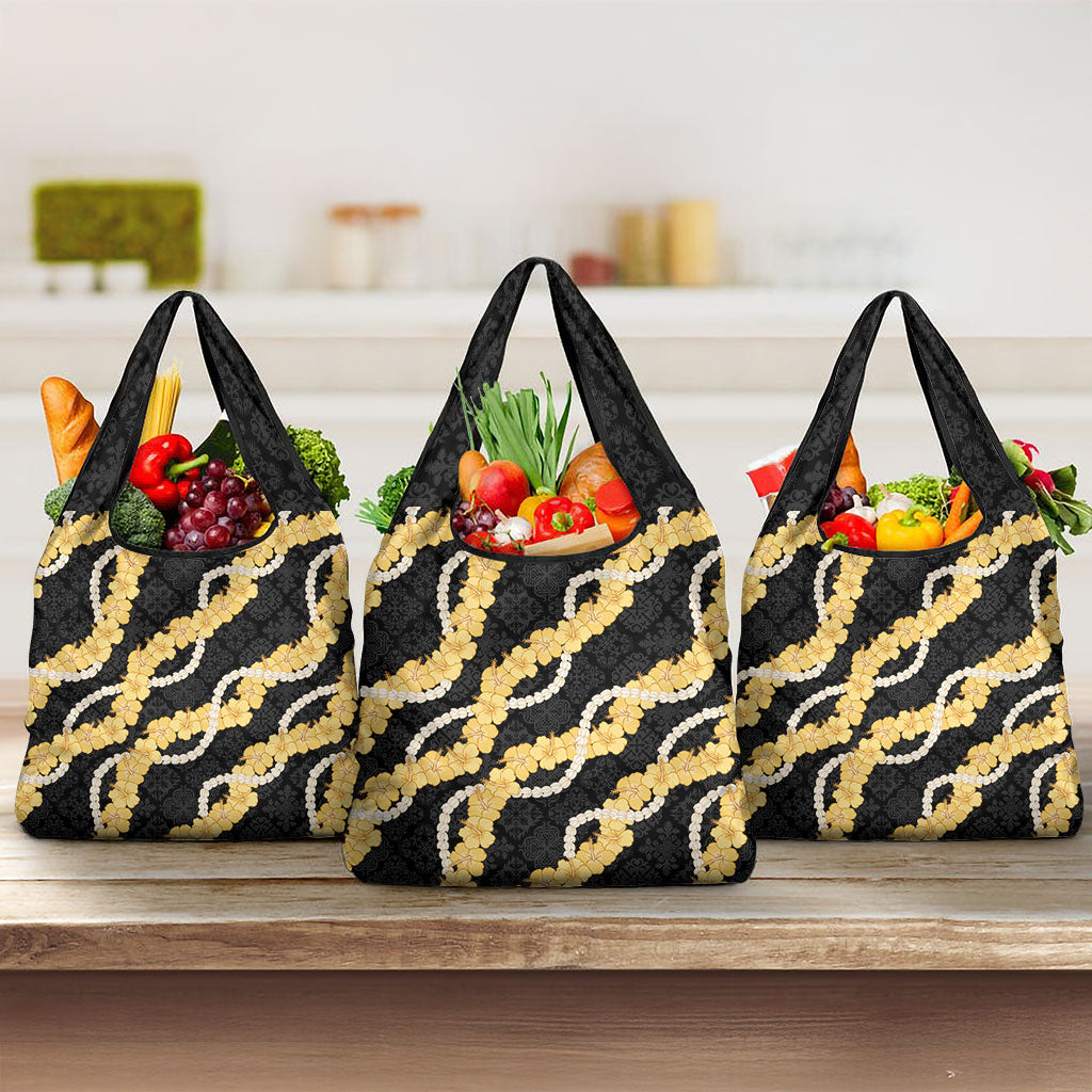 Aloha Melemele Hibiscus Pikake Lei Grocery Bag Hawaiian Quilt Pattern LT9 3-pack One Size Black - Polynesian Pride