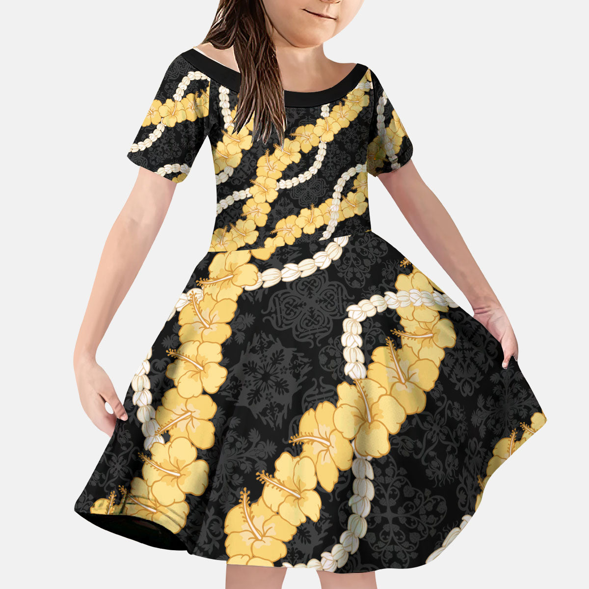 Aloha Melemele Hibiscus Pikake Lei Kid Short Sleeve Dress Hawaiian Quilt Pattern LT9 KID Black - Polynesian Pride