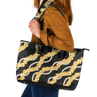 Aloha Melemele Hibiscus Pikake Lei Leather Tote Bag Hawaiian Quilt Pattern LT9 Black - Polynesian Pride