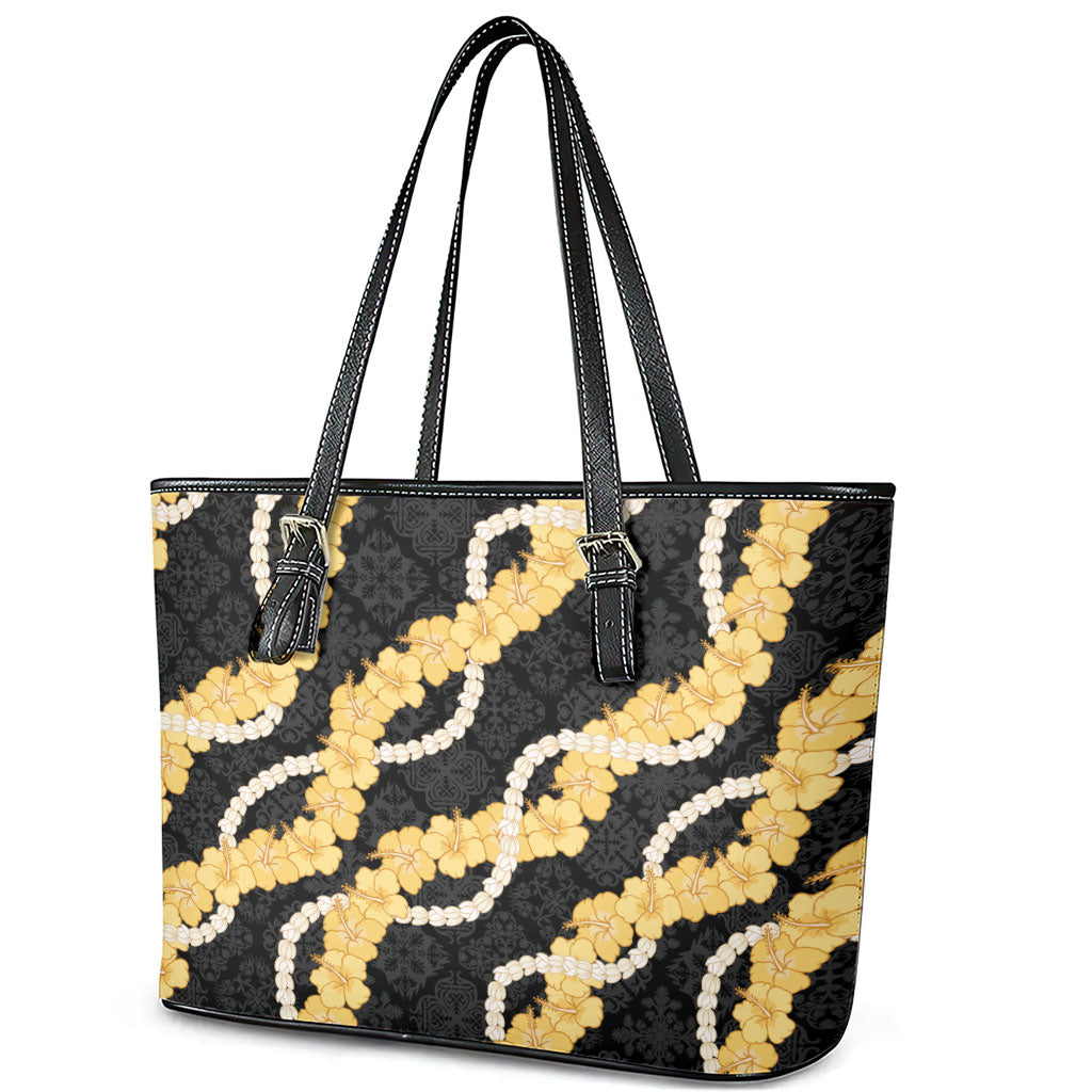 Aloha Melemele Hibiscus Pikake Lei Leather Tote Bag Hawaiian Quilt Pattern LT9 - Polynesian Pride