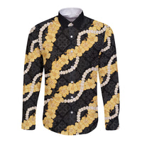 Aloha Melemele Hibiscus Pikake Lei Long Sleeve Button Shirt Hawaiian Quilt Pattern LT9 Unisex Black - Polynesian Pride