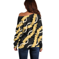 Aloha Melemele Hibiscus Pikake Lei Off Shoulder Sweater Hawaiian Quilt Pattern LT9 - Polynesian Pride