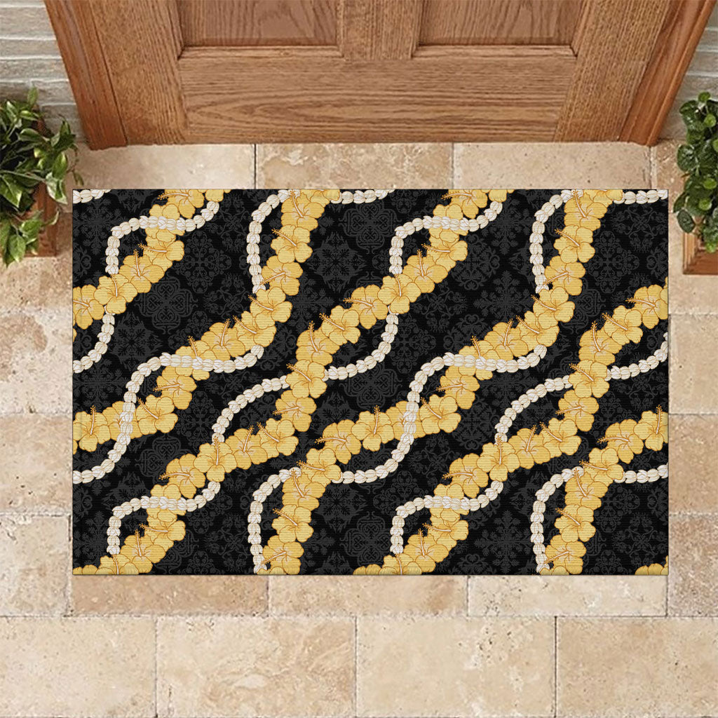 Aloha Melemele Hibiscus Pikake Lei Rubber Doormat Hawaiian Quilt Pattern LT9 Black - Polynesian Pride