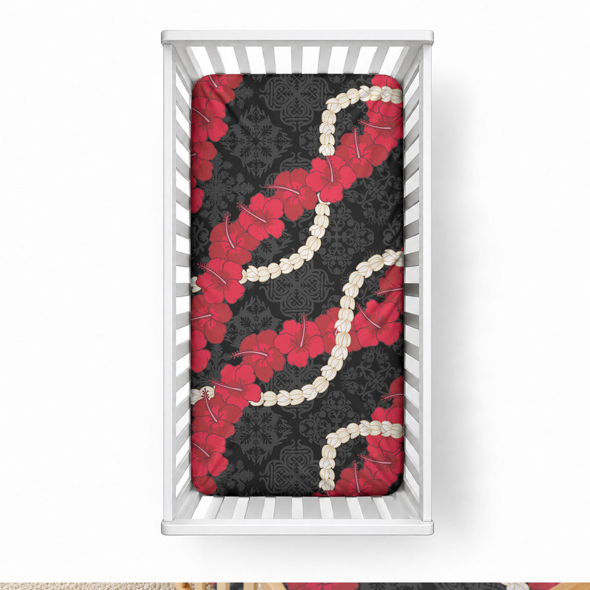 Aloha Ula'ula Hibiscus Pikake Lei Baby Bed Cover Hawaiian Quilt Pattern LT9 28 × 52 in Black - Polynesian Pride