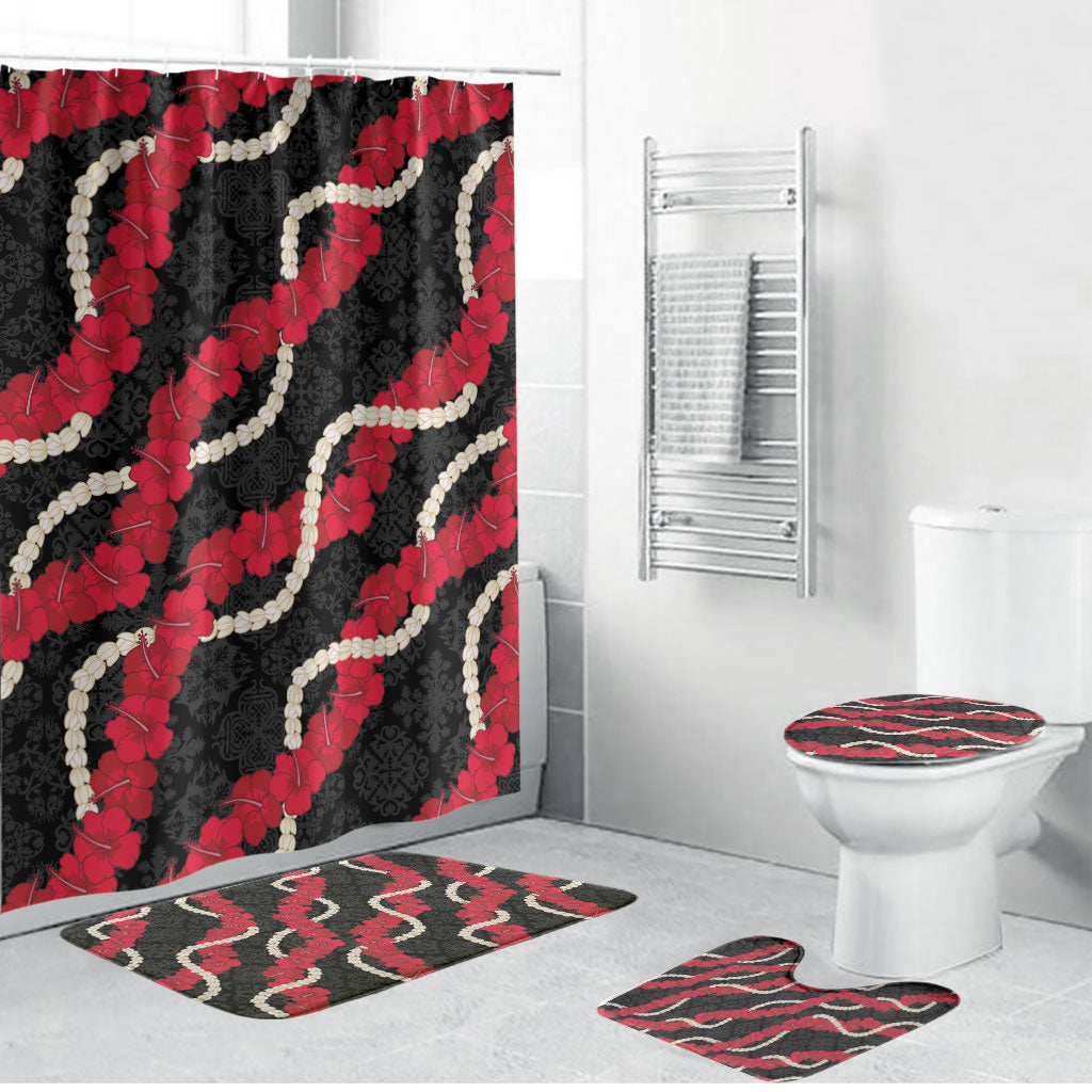 Aloha Ula'ula Hibiscus Pikake Lei Bathroom Set Hawaiian Quilt Pattern LT9 Bathroom Set (4 pcs) Black - Polynesian Pride