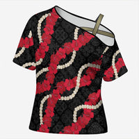 Aloha Ula'ula Hibiscus Pikake Lei Cross Shoulder Shirt Hawaiian Quilt Pattern LT9 Female Black - Polynesian Pride