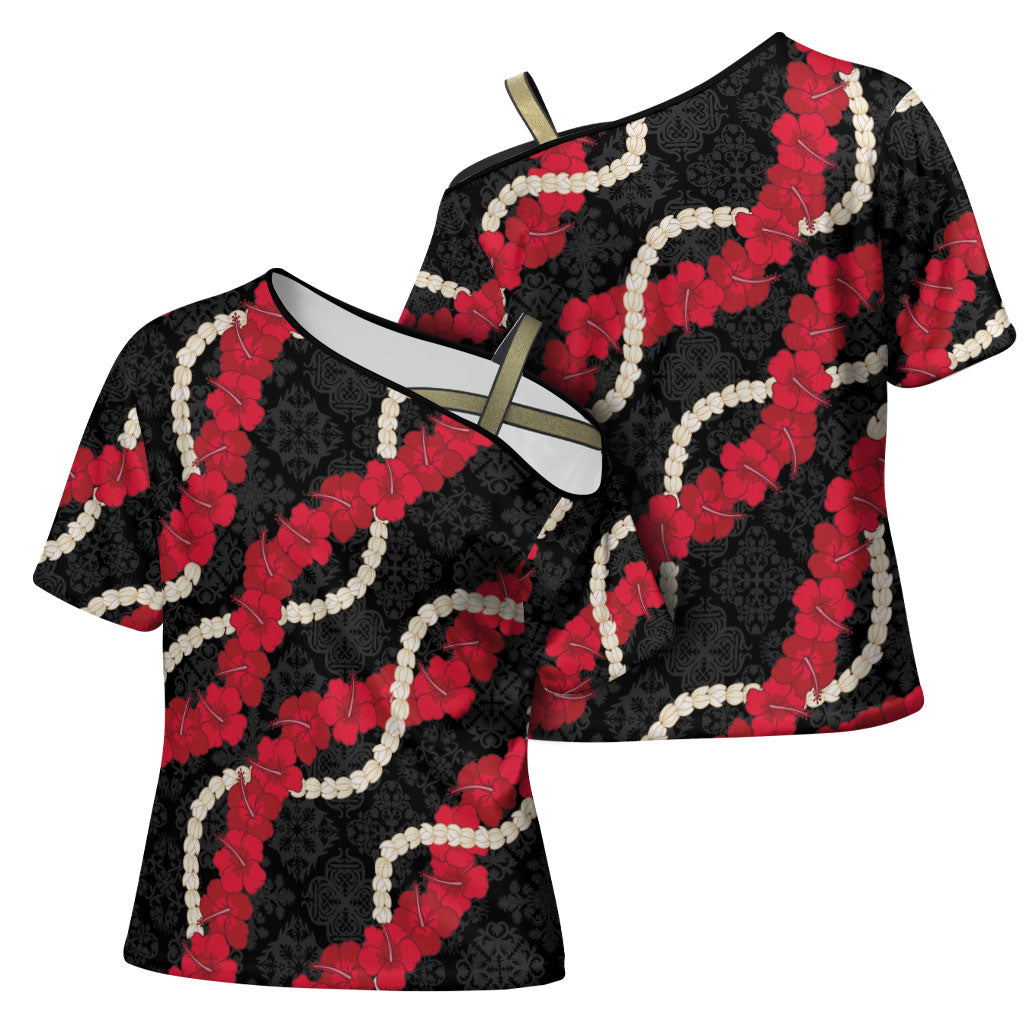 Aloha Ula'ula Hibiscus Pikake Lei Cross Shoulder Shirt Hawaiian Quilt Pattern LT9 - Polynesian Pride