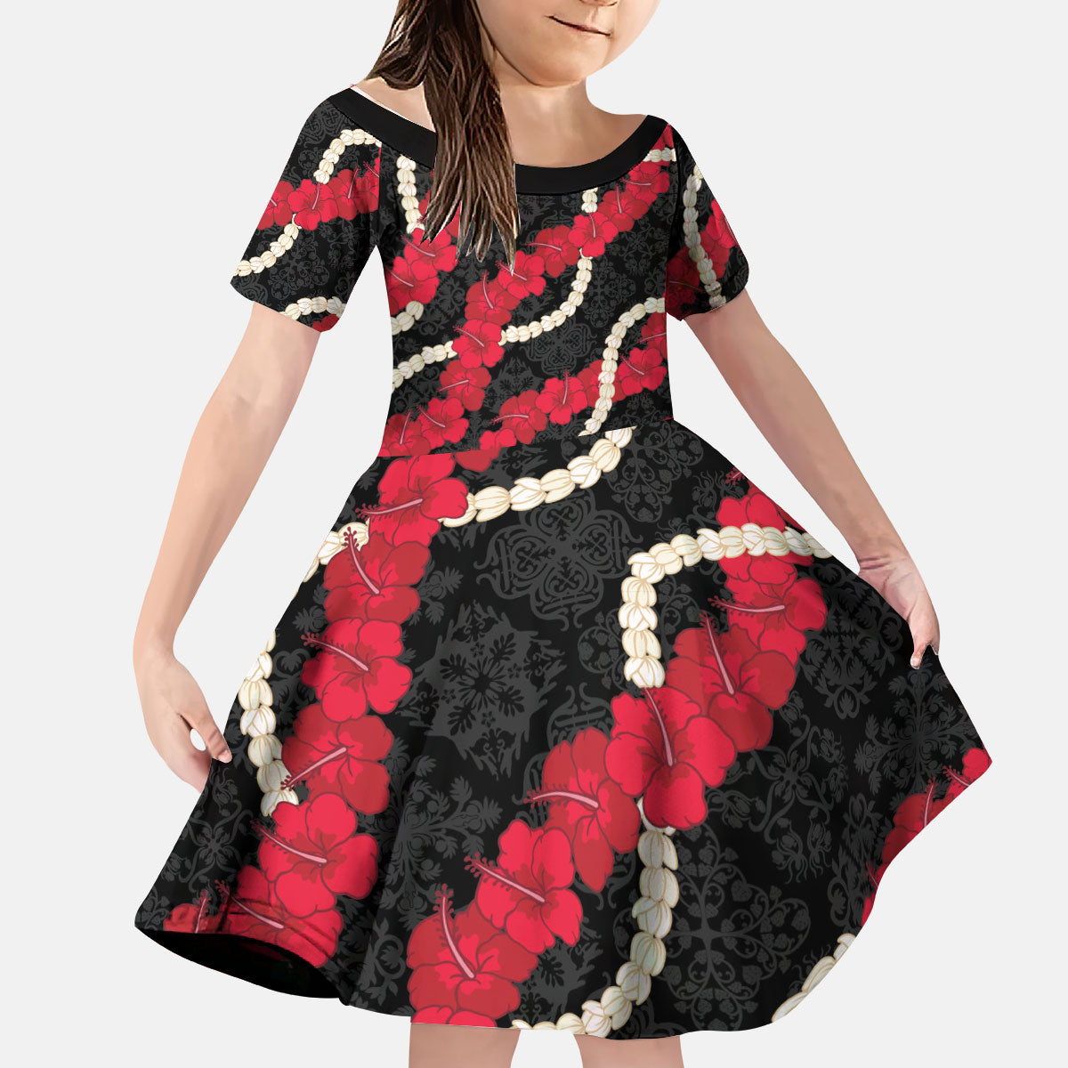 Aloha Ula'ula Hibiscus Pikake Lei Kid Short Sleeve Dress Hawaiian Quilt Pattern LT9 KID Black - Polynesian Pride