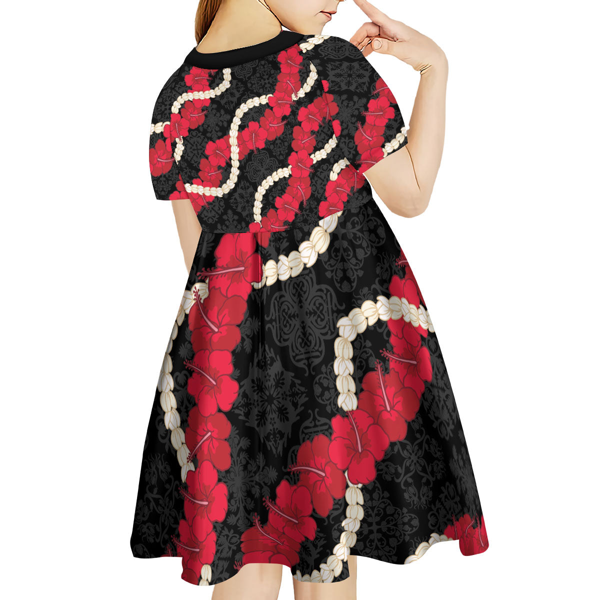 Aloha Ula'ula Hibiscus Pikake Lei Kid Short Sleeve Dress Hawaiian Quilt Pattern LT9 - Polynesian Pride