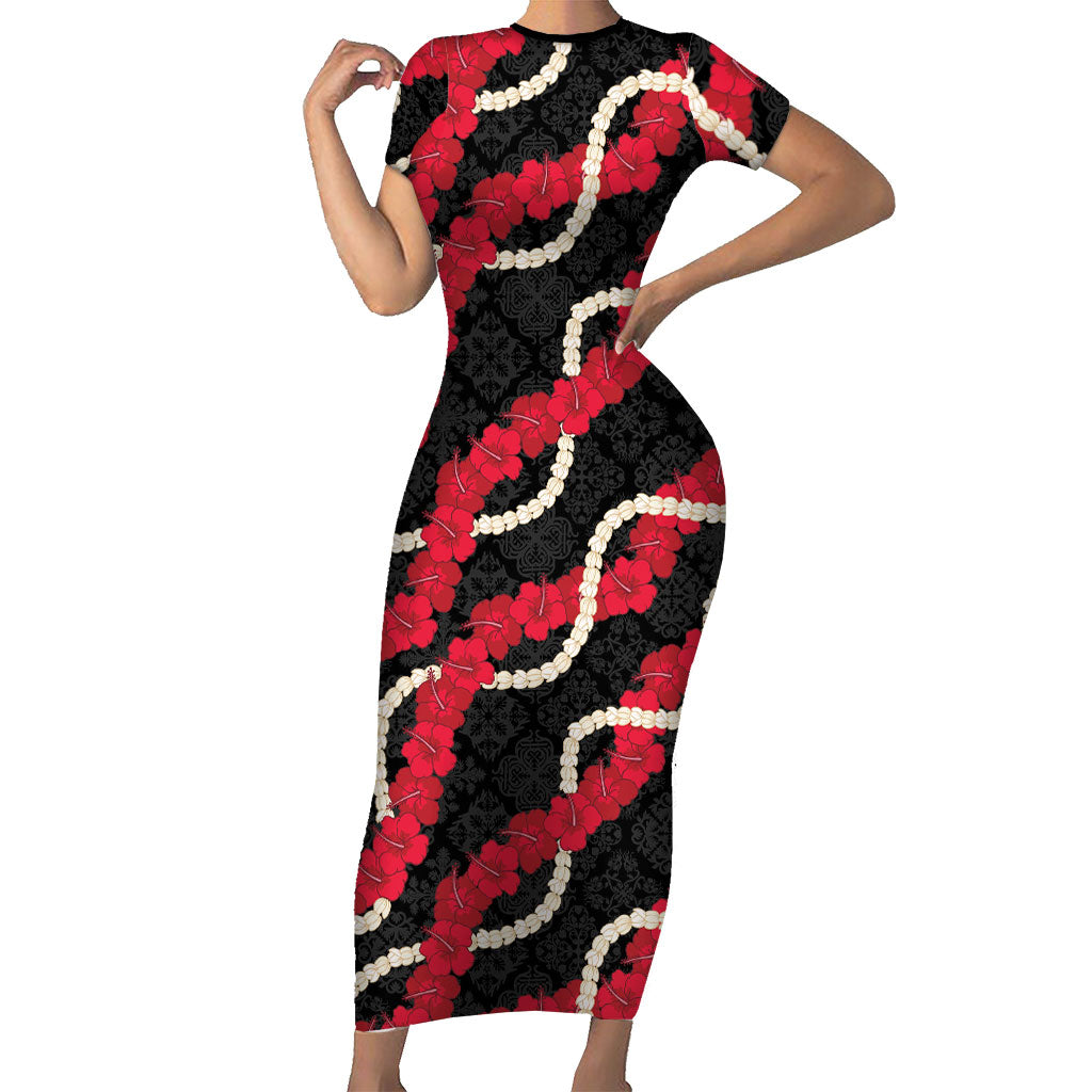 Aloha Ula'ula Hibiscus Pikake Lei Short Sleeve Bodycon Dress Hawaiian Quilt Pattern LT9 Long Dress Black - Polynesian Pride