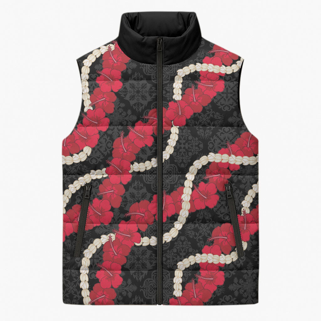 Aloha Ula'ula Hibiscus Pikake Lei Sleeveless Puffer Jacket Hawaiian Quilt Pattern LT9 Unisex Black - Polynesian Pride