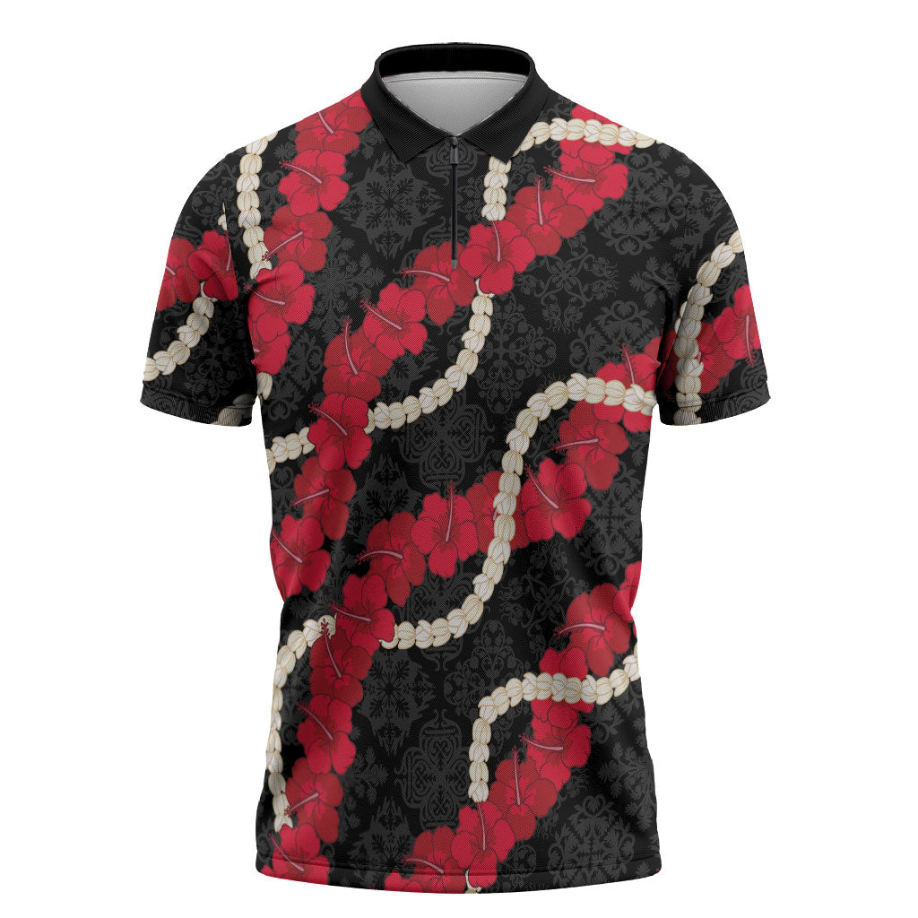Aloha Ula'ula Hibiscus Pikake Lei Zipper Polo Shirt Hawaiian Quilt Pattern LT9 Black - Polynesian Pride
