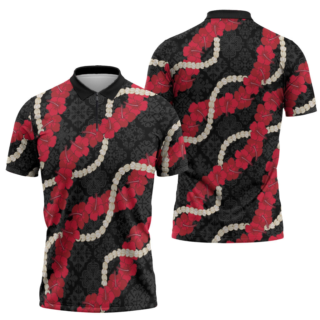 Aloha Ula'ula Hibiscus Pikake Lei Zipper Polo Shirt Hawaiian Quilt Pattern LT9 - Polynesian Pride
