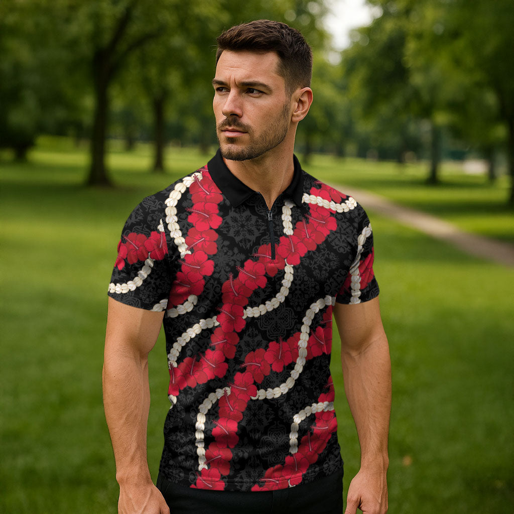 Aloha Ula'ula Hibiscus Pikake Lei Zipper Polo Shirt Hawaiian Quilt Pattern LT9 - Polynesian Pride