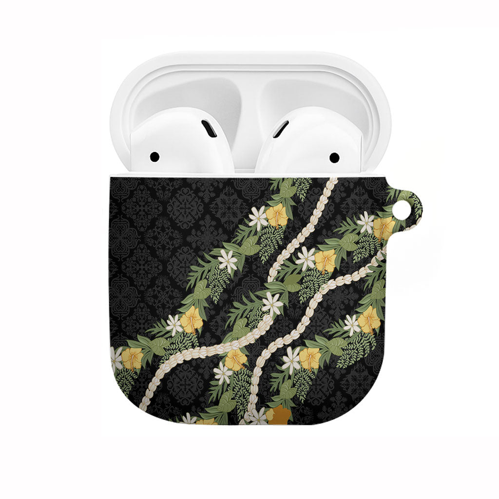Puakenikeni Anthurium Pikake Lei AirPods Case Hawaiian Quilt Pattern LT9 Black - Polynesian Pride