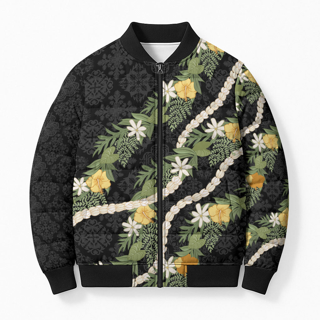 Puakenikeni Anthurium Pikake Lei Bomber Puffer Jacket Hawaiian Quilt Pattern LT9 Unisex Black - Polynesian Pride