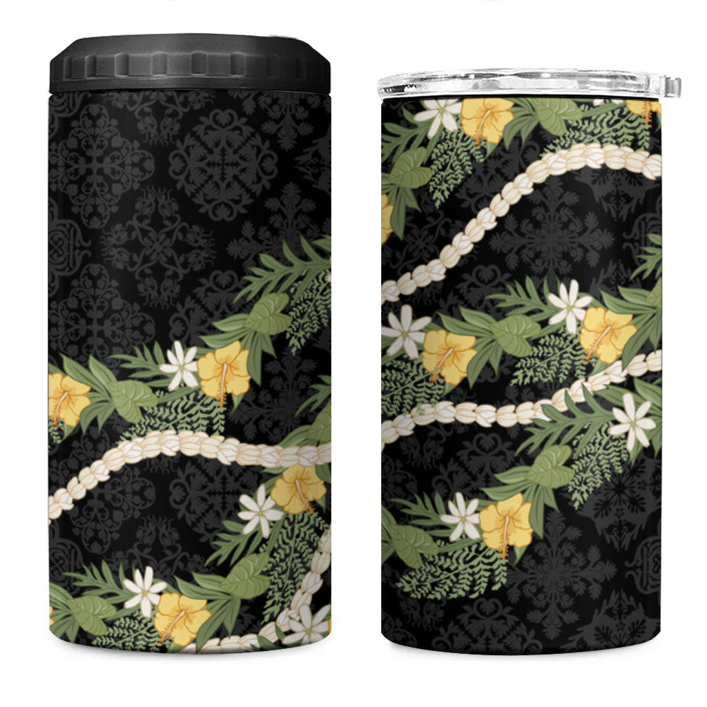 Puakenikeni Anthurium Pikake Lei 4 in 1 Can Cooler Tumbler Hawaiian Quilt Pattern LT9 One Size: 16 oz Black - Polynesian Pride