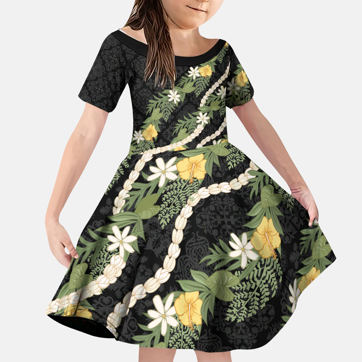 Puakenikeni Anthurium Pikake Lei Kid Short Sleeve Dress Hawaiian Quilt Pattern LT9 KID Black - Polynesian Pride
