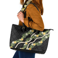 Puakenikeni Anthurium Pikake Lei Leather Tote Bag Hawaiian Quilt Pattern LT9 Black - Polynesian Pride